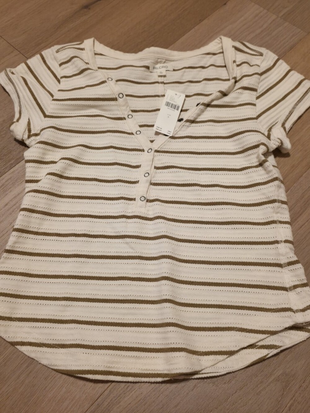 Pilcro Cream & Olive Short-Sleeve Stripe Henley Tee